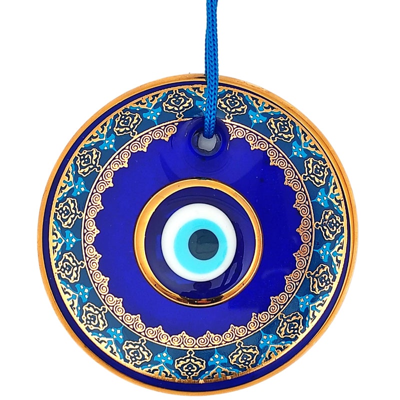 Erbulus 4.3" Glass Blue Evil Eye Wall Hanging Gold and Turquoise Floral Design Ornament â€“ Turkish Nazar Bead - Home Protection Charm - Wall Art Amulet in a Box - Image 1